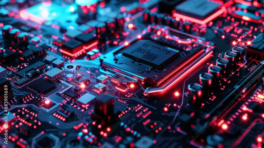High-tech close-up view of an illuminated motherboard with glowing circuits and components, showcasing modern technology and electronics. High-tech close-up view of an illuminated motherboard with glowing circuits and components, showcasing modern technology and electronics.