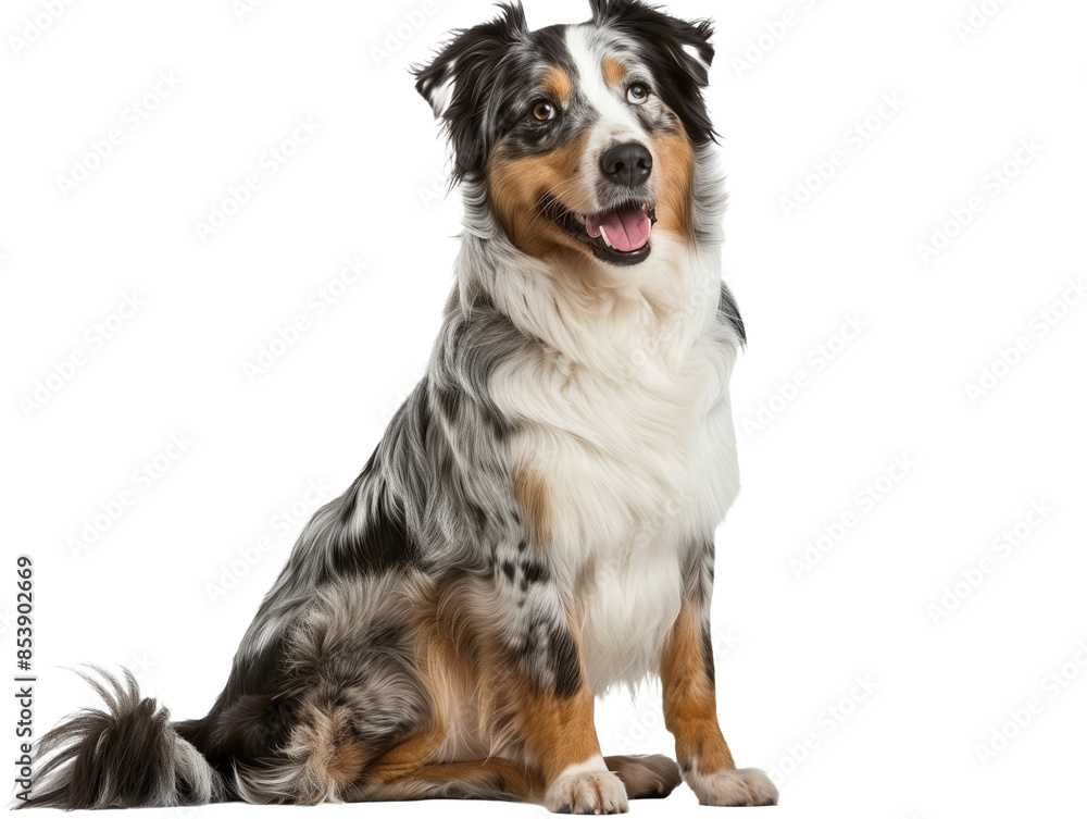 Full body shot of Australian Shepherd dog, sitting, smiling. Full body shot of Australian Shepherd dog, sitting, smiling.