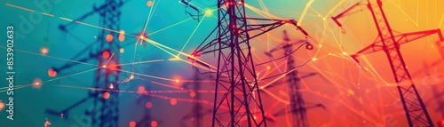 Illustration of power transmission lines and electrical grid concepts with a vibrant, artistic background, representing energy flow.