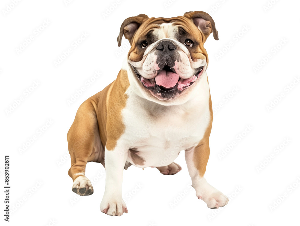 Full body shot of Bulldog dog, sitting, smiling.