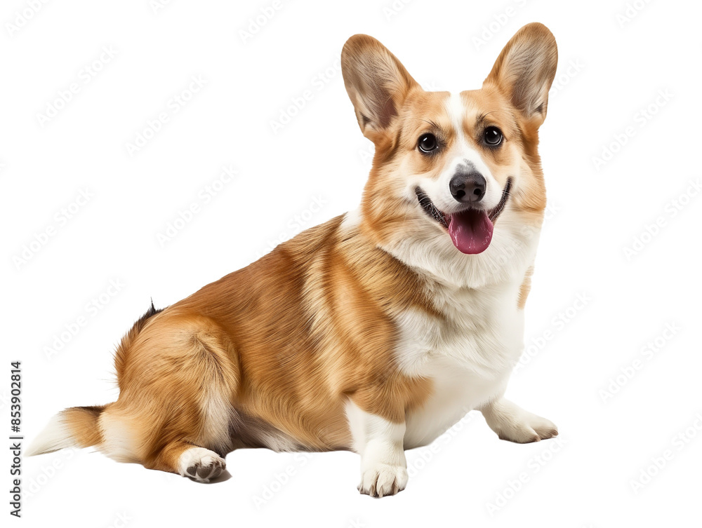 Full body shot of Pembroke Welsh Corgi dog, sitting, smiling. Full body shot of Pembroke Welsh Corgi dog, sitting, smiling.