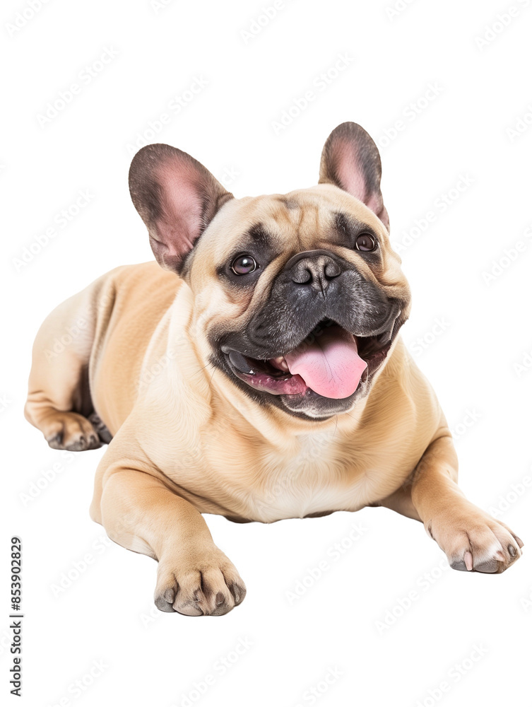 Full body shot of French Bulldog dog, lying down, smiling. Full body shot of French Bulldog dog, lying down, smiling.