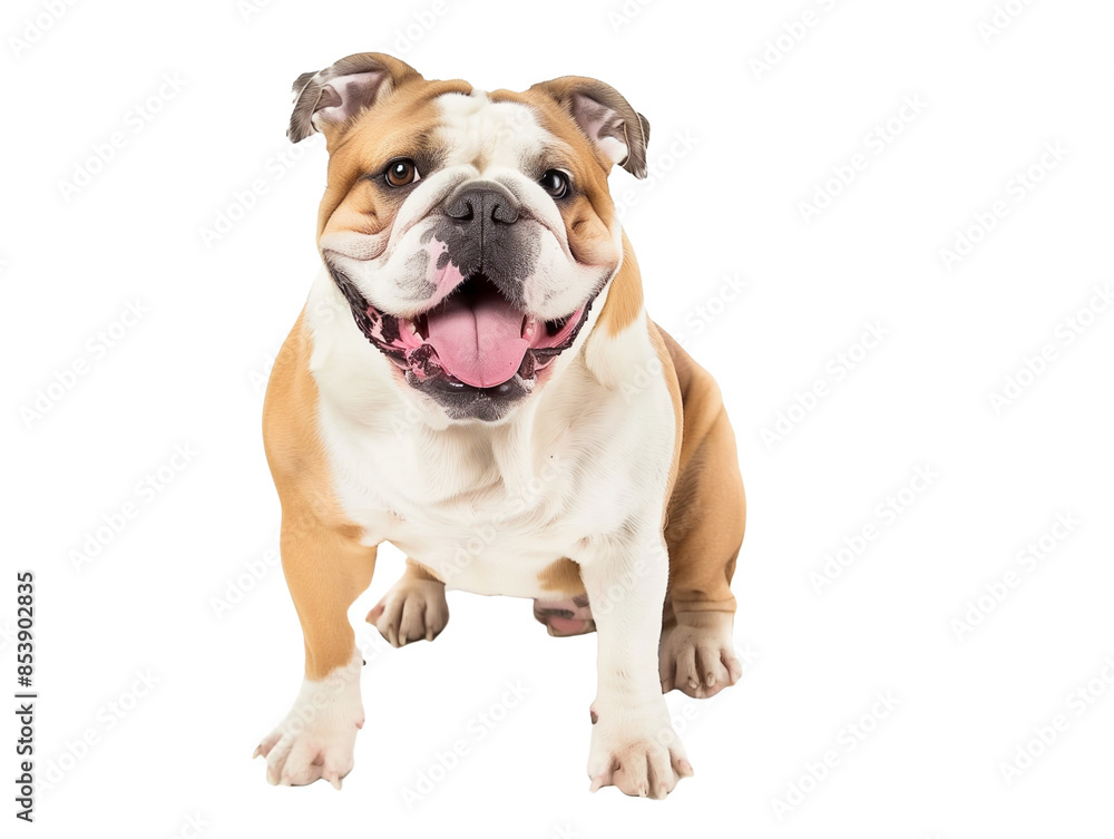 Obraz premium Full body shot of Bulldog dog, sitting, smiling.