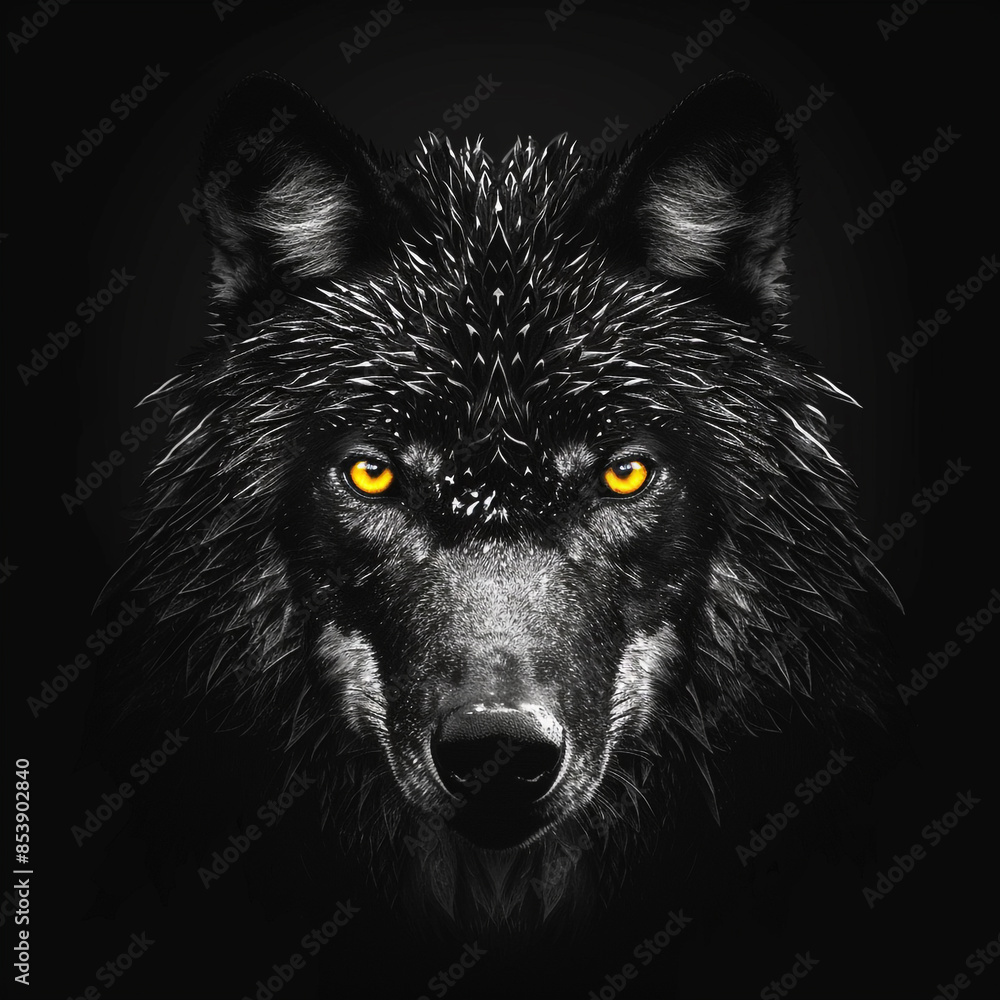 A black and white a mysterious and aethetic wolf with yellow eyes. Black background. A black and white a mysterious and aethetic wolf with yellow eyes. Black background.