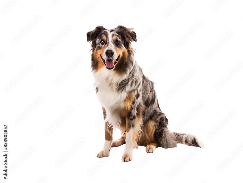 Full body shot of Australian Shepherd dog, sitting, smiling. Full body shot of Australian Shepherd dog, sitting, smiling.