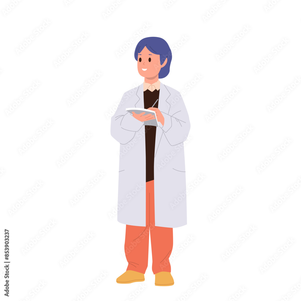 Preteen girl researcher cartoon character in lab coat writing notes isolated on white background Preteen girl researcher cartoon character in lab coat writing notes isolated on white background