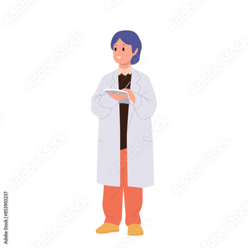 Preteen girl researcher cartoon character in lab coat writing notes isolated on white background