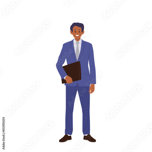 Friendly smiling young man lawyer cartoon character wearing elegant business suit isolated on white