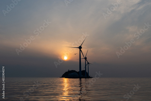 View of the wind turbines and flying seagulls during sunset on the sea © 안구정화
