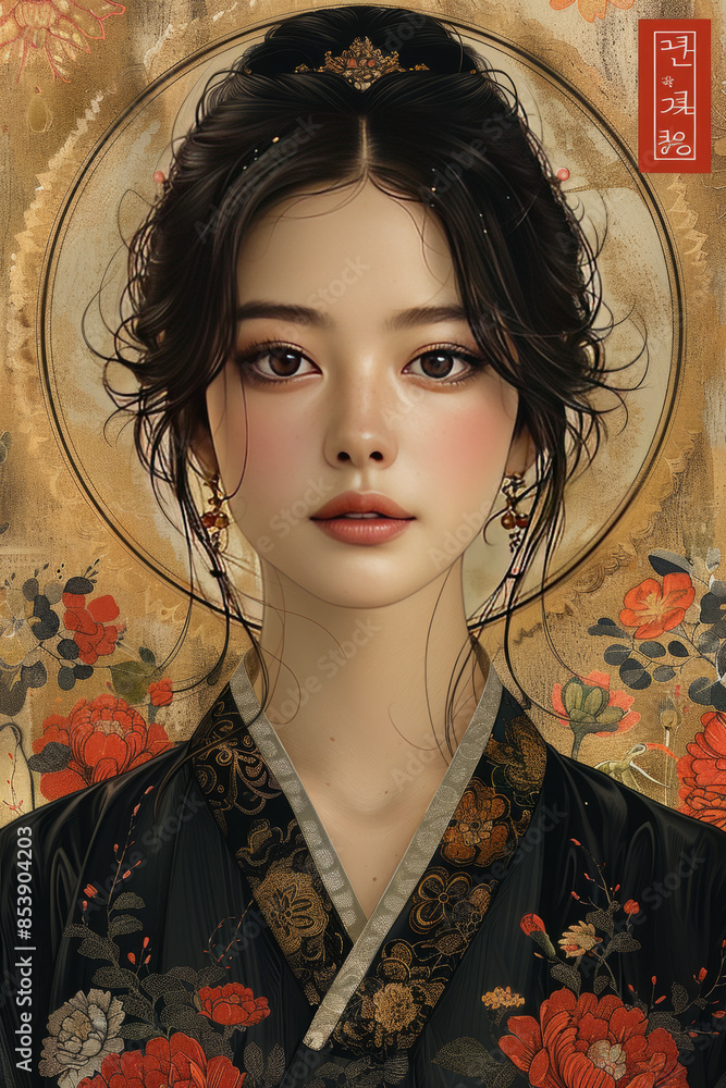 seollal graphics adorned with hanbok, designed in the style of early 20th-century postcards.generatiive ai