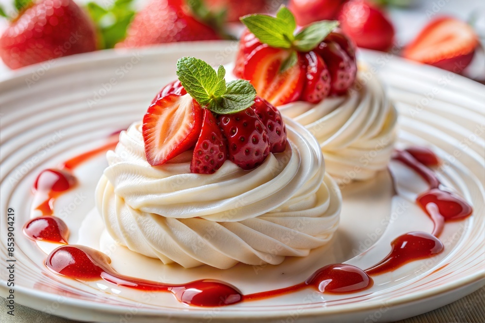 A delectable dessert of meringue nests topped with fresh strawberries and mint leaves, served on a white plate. Perfect for dessert blogs, culinary magazines, and gourmet recipe content. A delectable dessert of meringue nests topped with fresh strawberries and mint leaves, served on a white plate. Perfect for dessert blogs, culinary magazines, and gourmet recipe content.