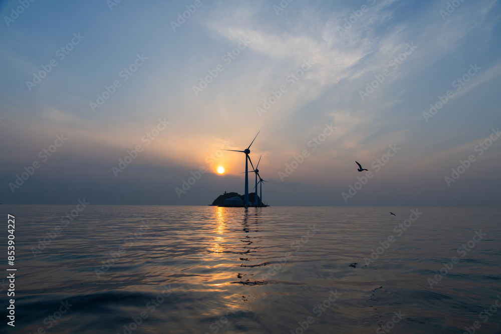 Fototapeta premium View of the wind turbines and flying seagulls during sunset on the sea