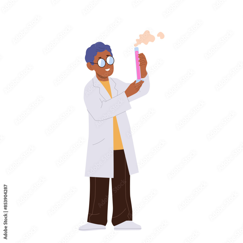 Little boy child cartoon character wearing lab coat holding test tube with bubbling chemical liquid Little boy child cartoon character wearing lab coat holding test tube with bubbling chemical liquid
