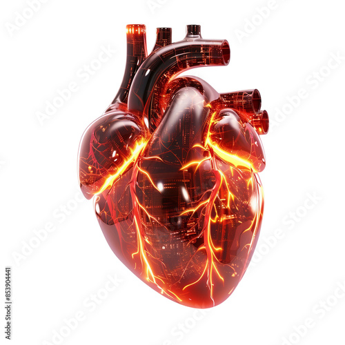 Digital illustration of a human heart with electric energy effects, showcasing the anatomy and power of the organ. 3d rendering style photo