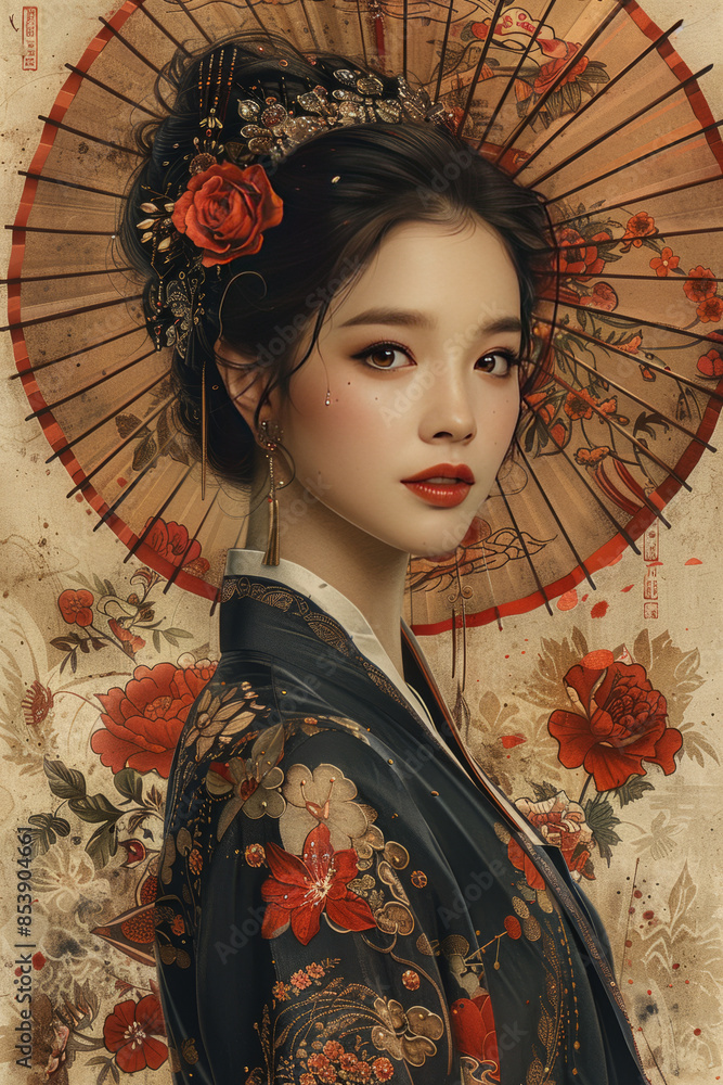 seollal graphics adorned with hanbok, designed in the style of early 20th-century postcards.generatiive ai