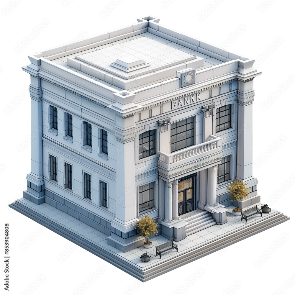 Elegant 3D isometric art of a classic bank building. Detailed ...