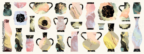Hand drawn greek ceramic vases icon set isolated on white background. Abstract geometric ancient pottery with marble texture collection. Vector illustration
