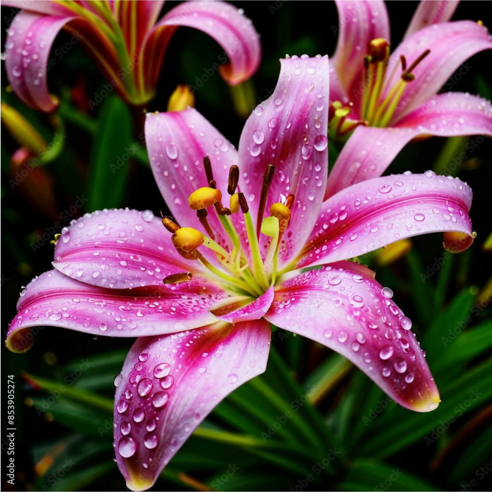Lily Flowers in Summer Rain, Close-Up Raindrops, Serene Floral Scene Lily Flowers in Summer Rain, Close-Up Raindrops, Serene Floral Scene