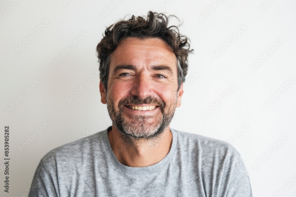 Portrait of a blissful man in his 40s smiling at the camera in front of white background Portrait of a blissful man in his 40s smiling at the camera in front of white background