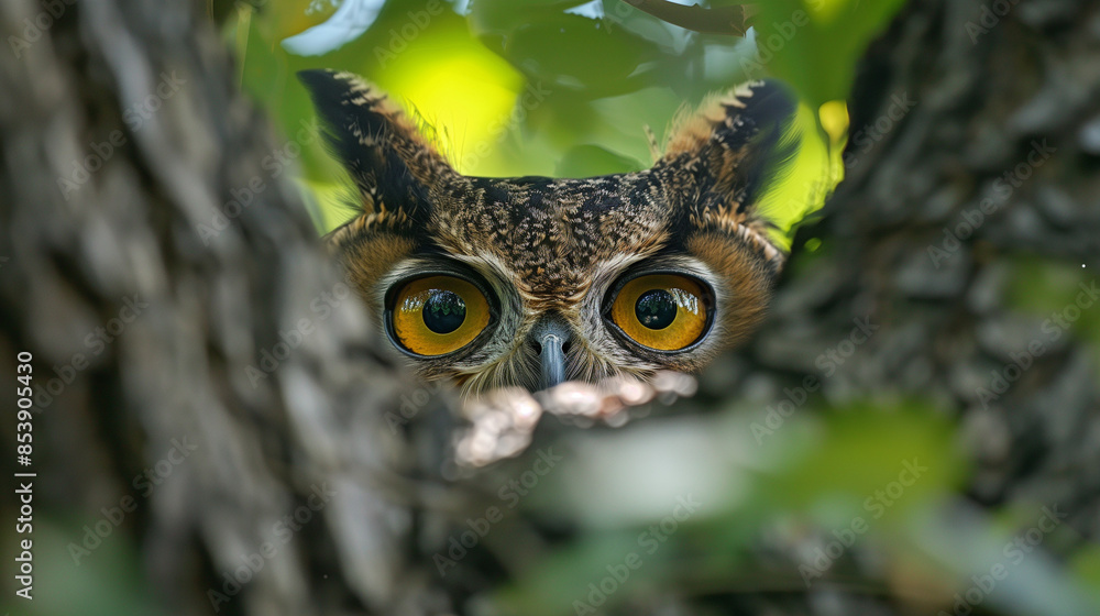 close up of an owl in In the jungle of leaves close up of an owl in In the jungle of leaves