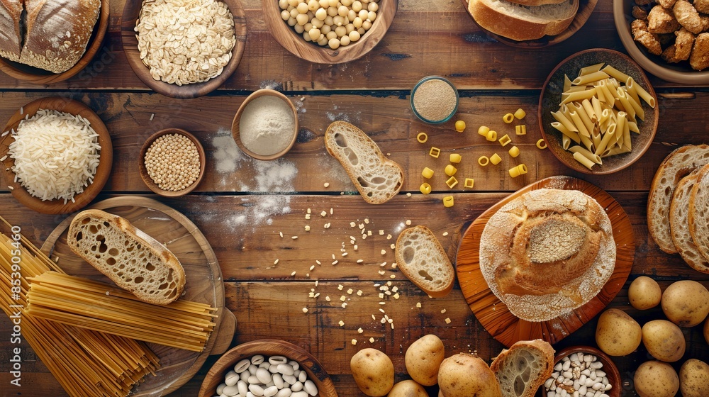 Artfully Arranged High-Carbohydrate Foods on Rustic Wooden Table Artfully Arranged High-Carbohydrate Foods on Rustic Wooden Table
