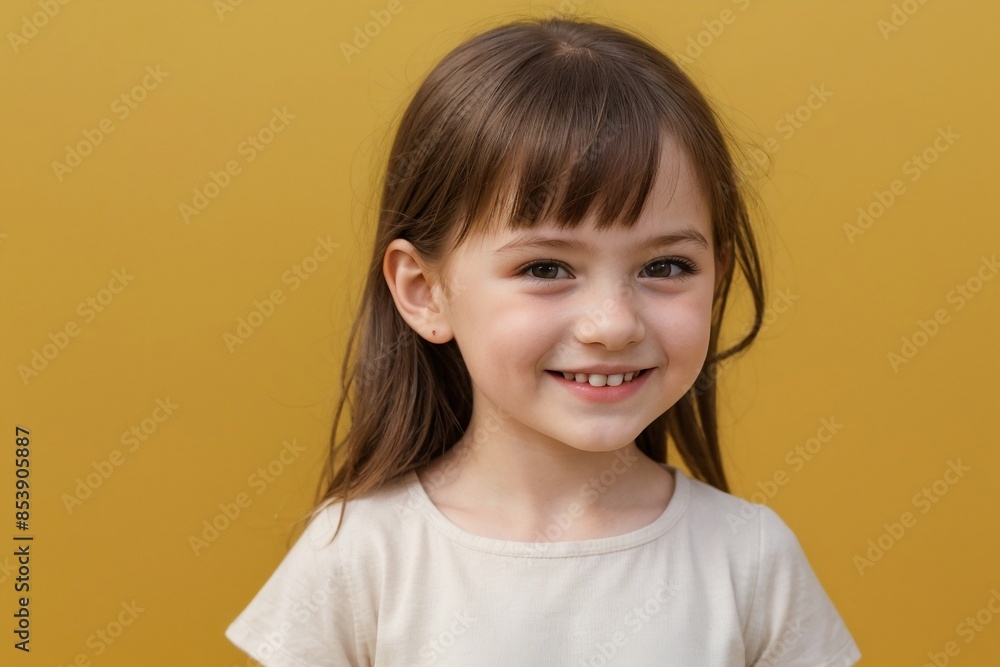 Happy little girl in casual dress smiling against a yellow background with copy space. Happy little girl in casual dress smiling against a yellow background with copy space.