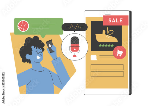 A boy talks about basketball on his phone, and contextual advertising shows related shoe ads on the screen. Illustrates data privacy and targeted ads. Vector illustration.
