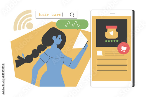 Woman searches for hair care products on her phone while contextual ads appear, highlighting online shopping, digital marketing, and targeted advertising. Ideal for e-commerce and technology themes.