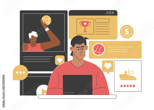 Male consumer profile with personalized data for targeted advertising. Elements include sports, shoes, and trophies, highlighting how data shapes marketing strategies and consumer engagement.