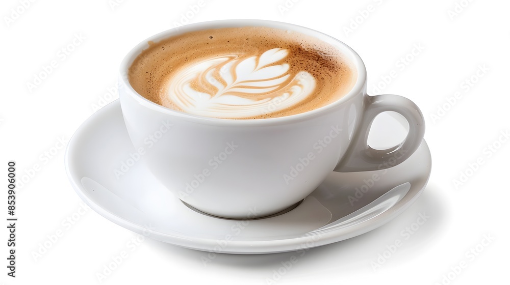 Elegant Cappuccino with Artful Milk Foam in Ceramic Cup and Saucer on White Background Elegant Cappuccino with Artful Milk Foam in Ceramic Cup and Saucer on White Background