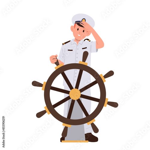 Boy captain kid cartoon character standing at helm saluting with greeting gesture isolated on white
