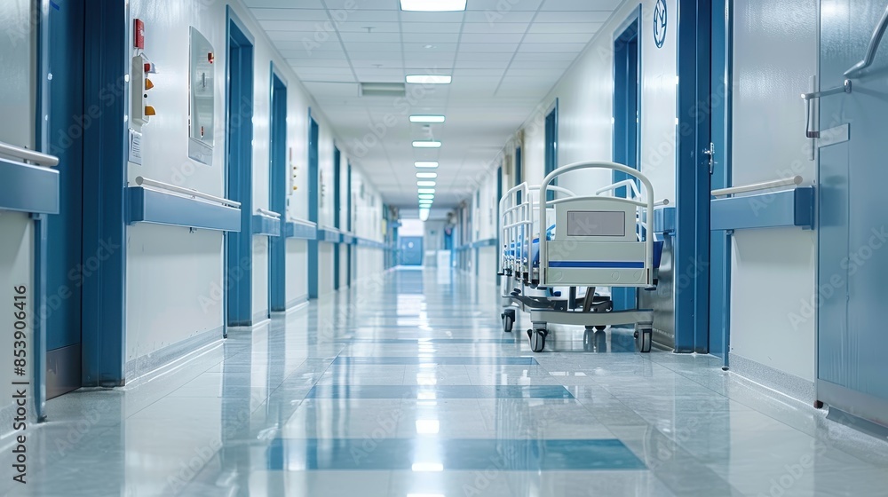Obraz premium The photo captures a hospital corridor with closed doors and a patient bed, indicative of ongoing medical activities