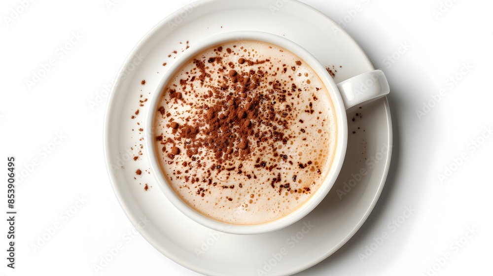 Fototapeta premium Tempting Cappuccino with Cocoa Powder in Classic White Cup on White Background