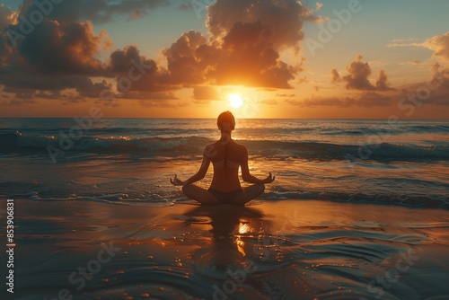 Woman Meditating on Beach at Sunset With Ocean Waves © fotofabrika