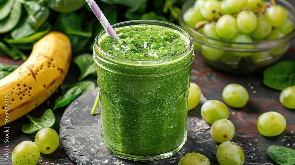 Vibrant green smoothie with spinach, banana, and grapes in a mason jar Vibrant green smoothie with spinach, banana, and grapes in a mason jar