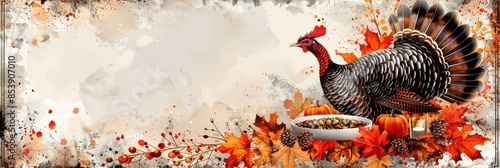 A Thanksgiving banner with a watercolor background featuring a turkey with its tail feathers spread out, standing near a bowl of nuts and pumpkins, with fall leaves scattered around