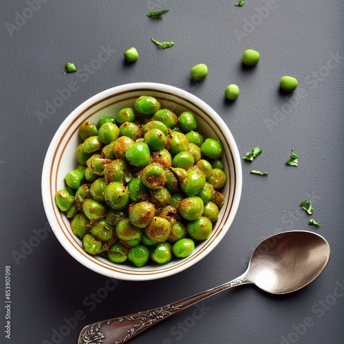 Indian namkeen snack food fried spicy green peas also called masala green peas, masala matar, hara matar, masala vatana or chatpata matar photo