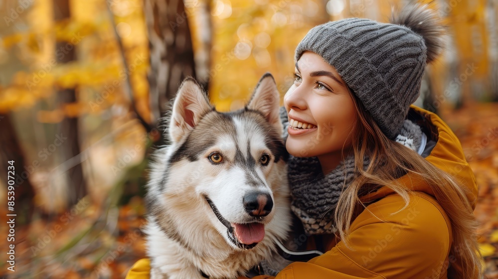 Joyful woman in warm clothing hugging a Siberian Husky in a fall forest scene Joyful woman in warm clothing hugging a Siberian Husky in a fall forest scene