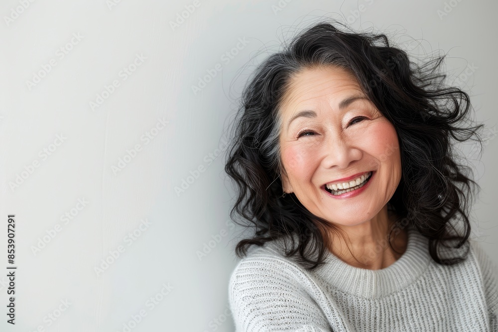 Portrait of a tender asian woman in her 50s laughing on white background Portrait of a tender asian woman in her 50s laughing on white background