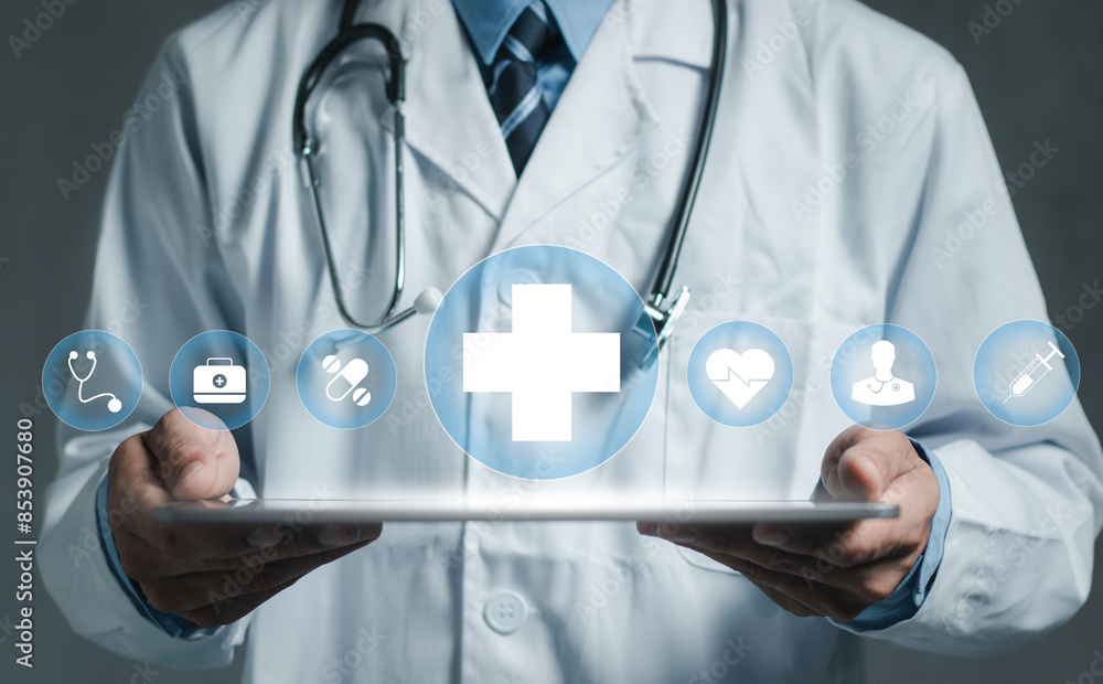 Health insurance concept. Doctor in a white coat uniform holding healthcare medical icon, health and access to welfare health concept.. Health insurance concept. Doctor in a white coat uniform holding healthcare medical icon, health and access to welfare health concept..