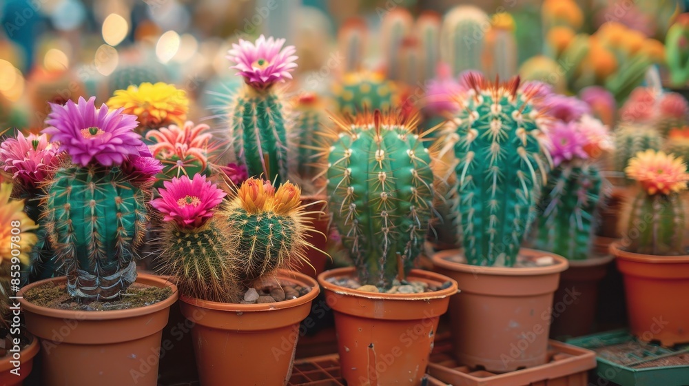 An assortment of spiky cacti in terracotta pots with vivid pink flowers captured in a colorful market setting