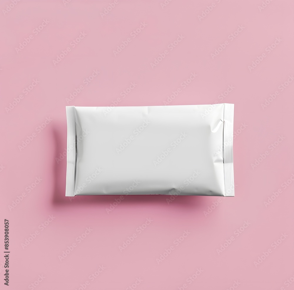 Top view of white blank packaging mockup for energy bar on pink background Top view of white blank packaging mockup for energy bar on pink background