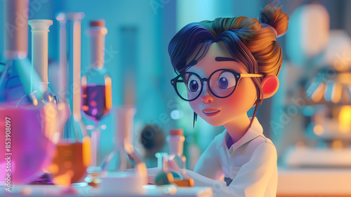 A student in the laboratory, depicted as a 3D cartoon character, eagerly conducts experiments amidst shelves filled with colorful beakers and scientific equipment.Their curious expression and animated