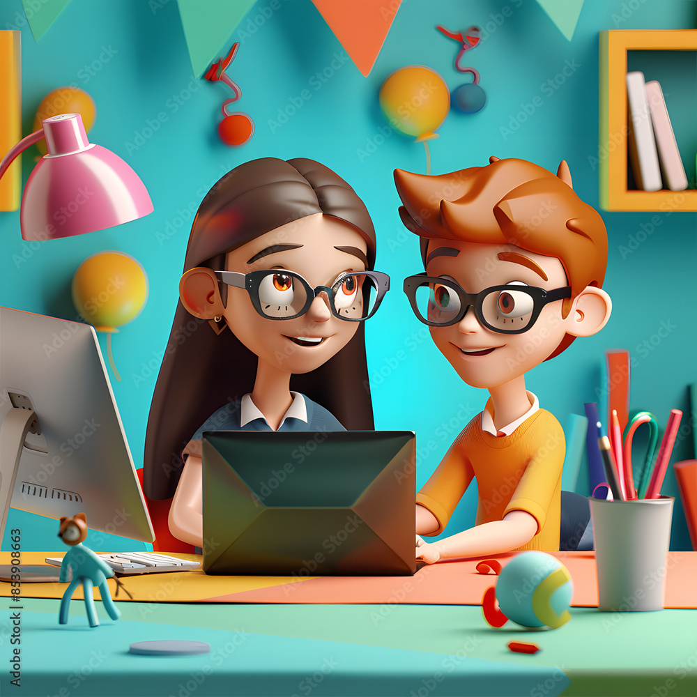 Students studying computer science are depicted as 3D cartoon ...