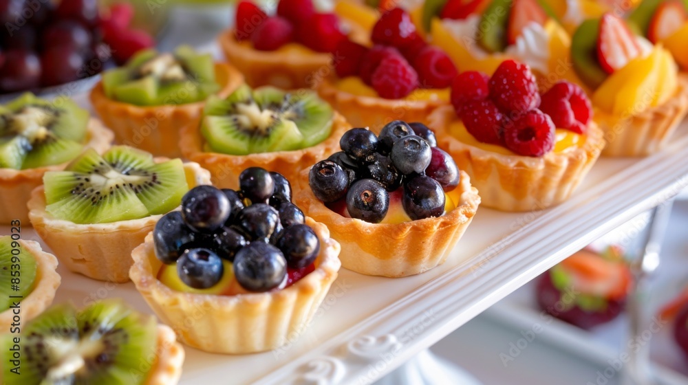 Assorted mini fruit tarts with a variety of fresh berries and kiwi slices, elegantly displayed on a white dessert platter. Assorted mini fruit tarts with a variety of fresh berries and kiwi slices, elegantly displayed on a white dessert platter.