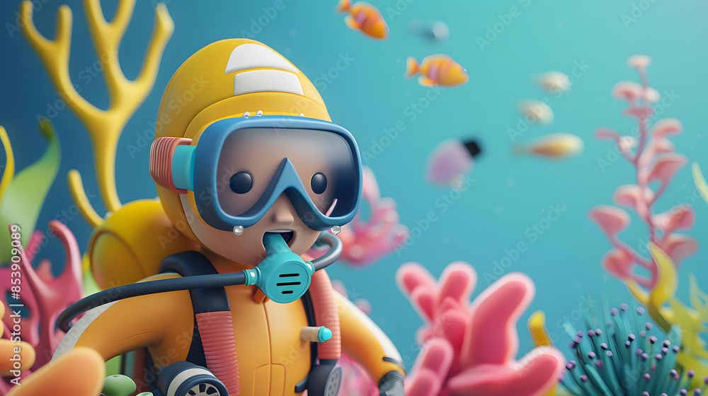 An underwater diver, depicted as a 3D cartoon character, explores the depths with vibrant colors and animated movements. Equipped with diving gear and surrounded by marine life,this character captures An underwater diver, depicted as a 3D cartoon character, explores the depths with vibrant colors and animated movements. Equipped with diving gear and surrounded by marine life,this character captures