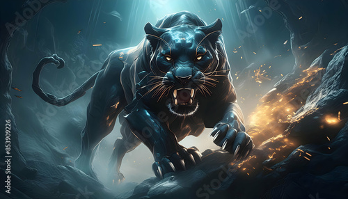 Artistic strange magic black panther fighting on digital art concept, Generative AI.