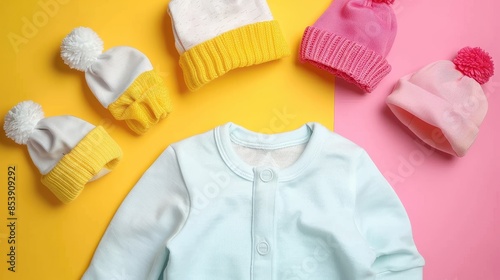 A collection of knit baby hats and a pastel cardigan, split between yellow and pink background