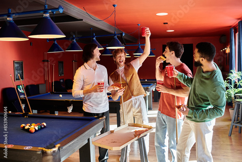 фотографія Friends casually dressed, enjoying a game of billiards in a brightly lit pool hall