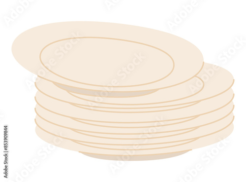 Set of vector ceramic plates in different position in doodle style. A stack of plates, clean dishes.